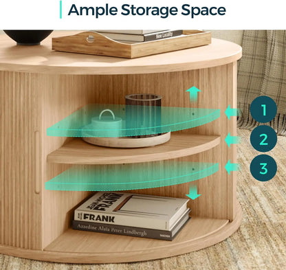 Round Coffee Table,31.5" Drum Coffee Table with Sliding Tambour Door,Fluted Accent Center Table with Storage,Modern Coffee Table