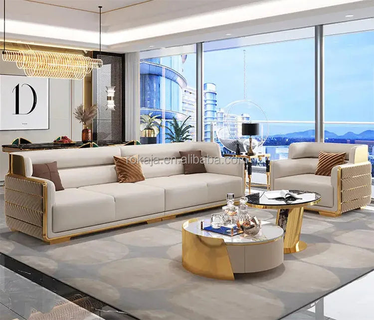 High-end combination sofa set Luxury gold stainless steel back Modern fabric Chesterfield 1 2 3 4-seat sofa Villa leisure