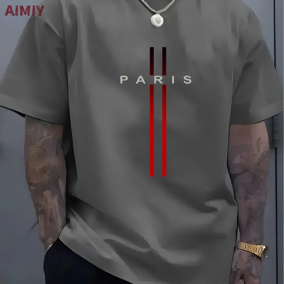 Summer Men's T-shirt Top Casual Loose Fit Oversized T-shirt PARI Letter Pattern Printed Round Neck Short Sleeved Homme Vêtement