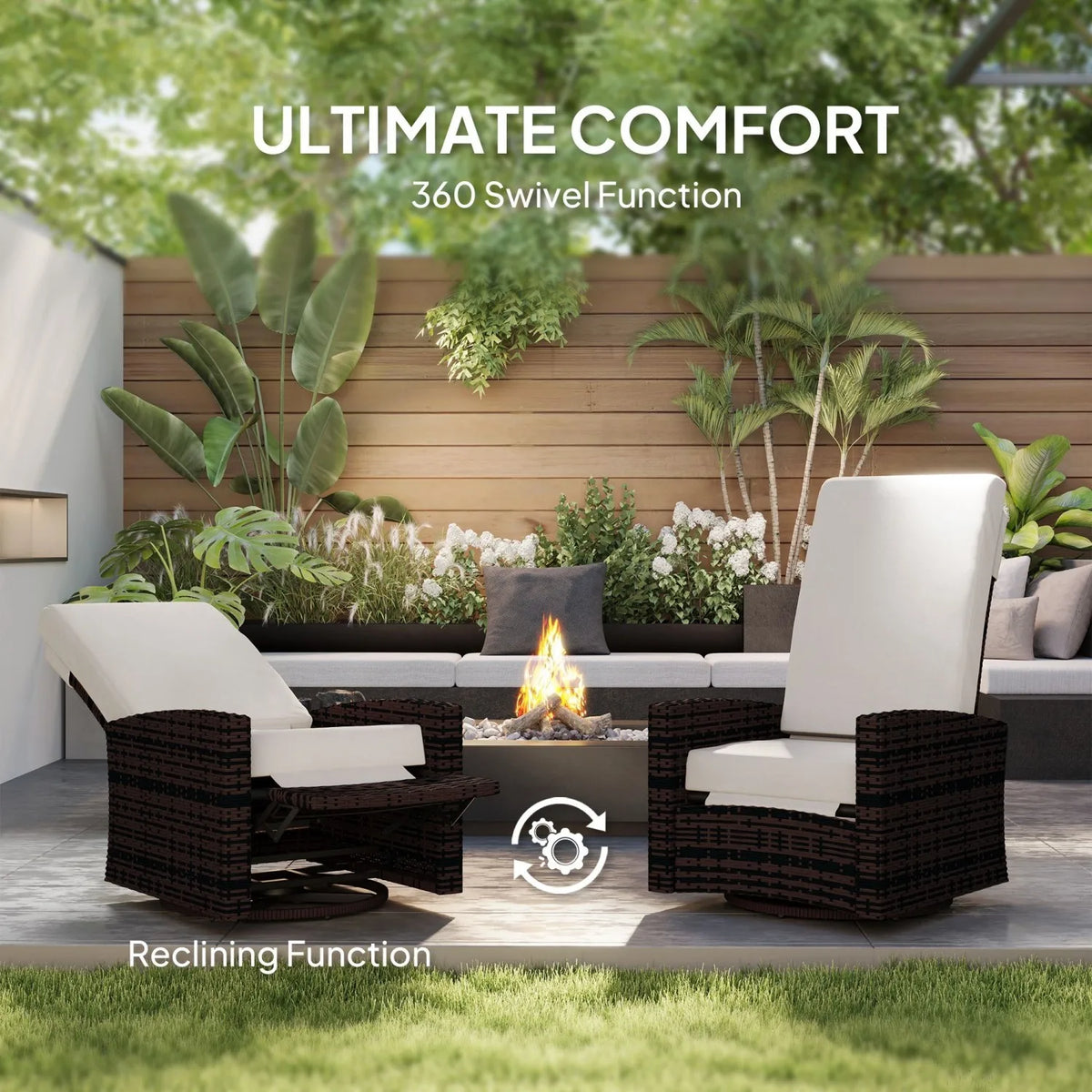 Outsunny Outdoor Wicker Swivel Recliner Chair, Lifting Footrest, 360° Rotating Basic, Water-resistant Cushions, Khaki