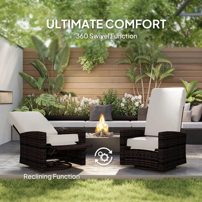 Outsunny Outdoor Wicker Swivel Recliner Chair, Lifting Footrest, 360° Rotating Basic, Water-resistant Cushions, Khaki