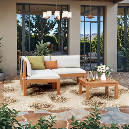 4 Pieces Outdoor Sectional Couch Patio Sectional Sofa with Acacia Wood Coffee Table, Outdoor L-Shaped Couch