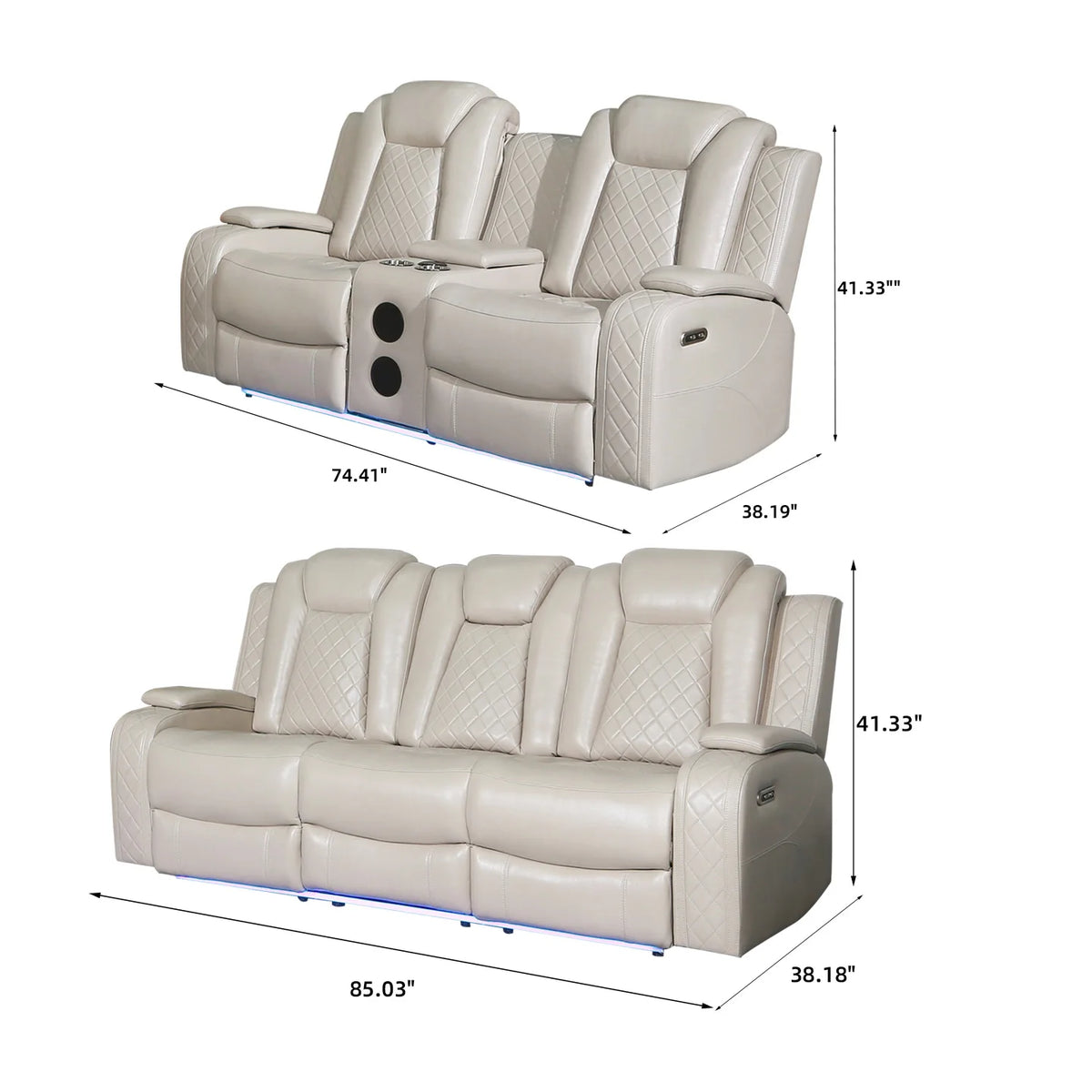 Power Reclining Sofa Couch with Wireless Charger 3 Seaters Recliner  Reading Light Leather Bluetooth Speaker Theater Seating LED