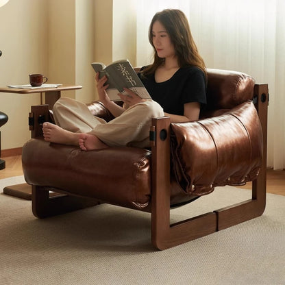 Nordic retro single solid wood sofa chair guest casual leather recliner simple and modern small apartment