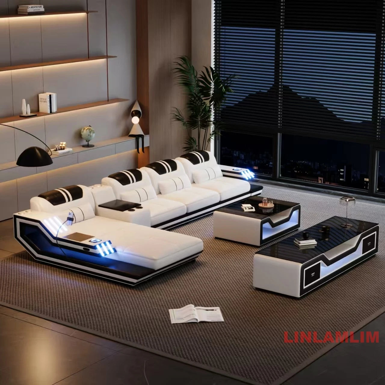 Convertible Genuine Leather Sectional Sofa Bed with Adjustable Headrests, Electric Recliners, Storage, Speakers, USB & LED Light