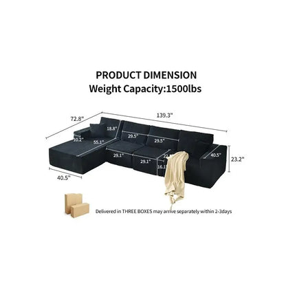 139.3" Modular Sectional Sofa, No Assembly Required, Cloud Couch with Ottoman & 2 Pillows, Ideal for Living Rooms & Bedrooms