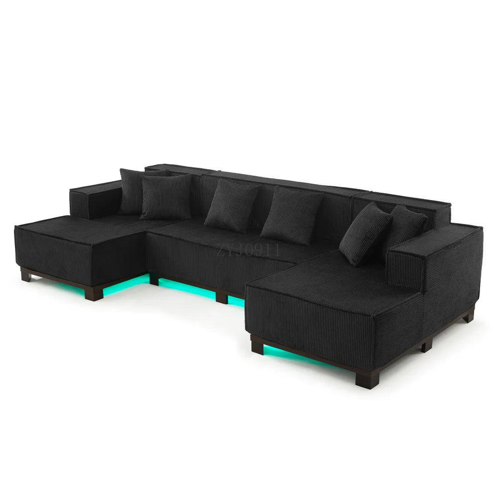 Modern U-Shaped Sectional Sofa 130" Sectional Sofa Upholstered Sofa with RGB LED Light Strip and 6 Pillows for Living Room