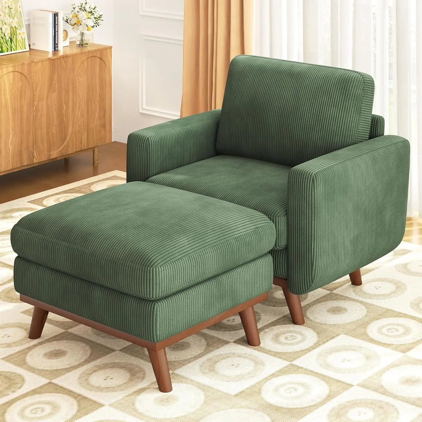 97" L-Shape Modular Sofa, 3-Seat Corduroy Couch with Movable Ottoman, Sectional Sofa for Living Room, Green, Customized