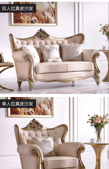 French cream wind solid wood leather living room sofa combination luxury villa sofa high-end luxury