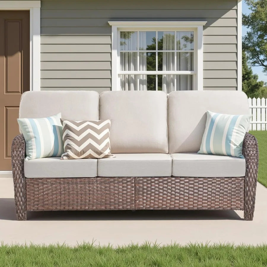 75'' Outdoor Patio Couch Wicker Sofa All Weather Rattan 3 Seater Sofa High Back Couch with Deep Seating and Removable Cover for