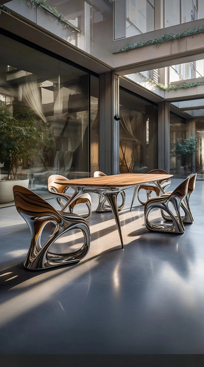 Steel and wood art light luxury dining tables and chairs, art luxury international pavilion furniture
