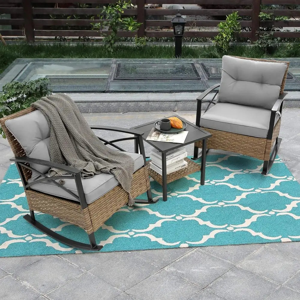Grey Cushioned Wicker Patio Furniture Set with 3 Rocking Chairs and Coffee Table for Garden, Lawn, and Backyard