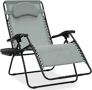 Oversized Zero Gravity Chair, Folding Outdoor Patio Lounge Recliner w/Cup Holder Accessory Tray, Pillow - Gray