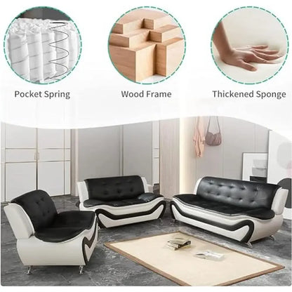 Living Room Furniture Set 3 PCS Black/White Ergonomic Design Breathable Faux Leather Upholstery Contemporary Vegan Leather Sofa
