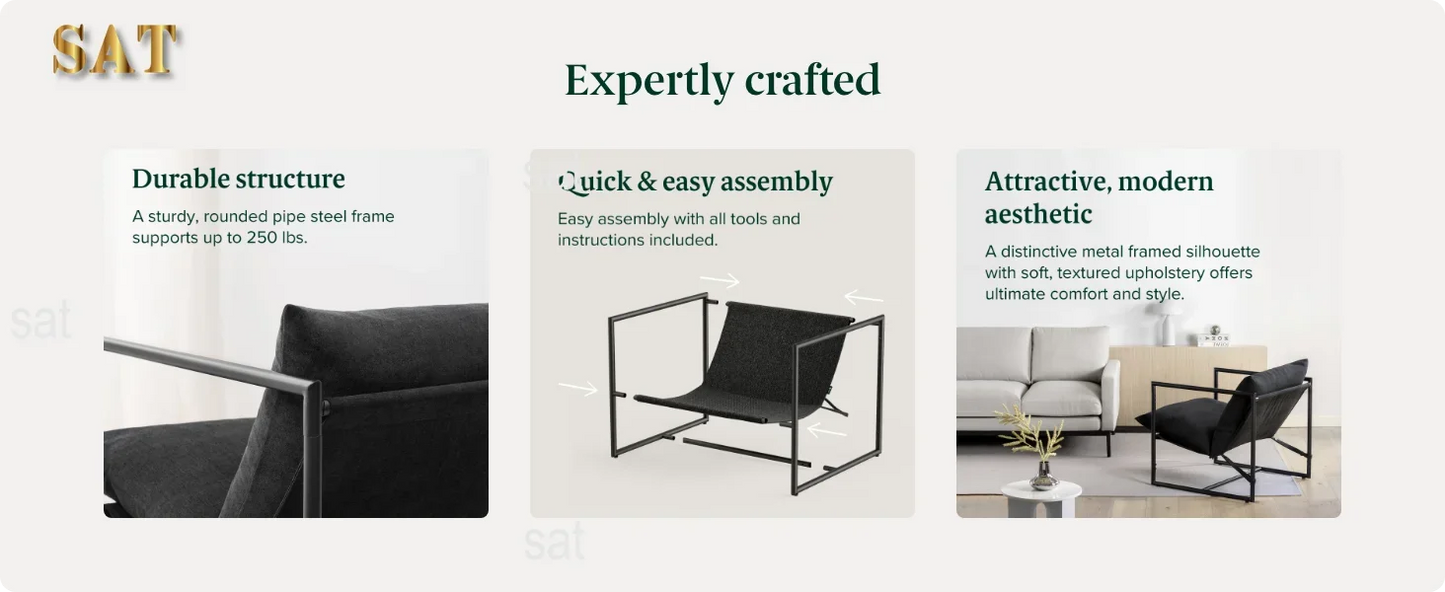 /Sling Accent Chair / Metal Framed Armchair with Shredded Foam Cushioning, Dark Grey