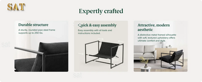 /Sling Accent Chair / Metal Framed Armchair with Shredded Foam Cushioning, Dark Grey