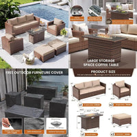6-piece outdoor conversation sectional with 44" fire pit table and wicker rattan sofa