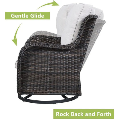 Swivel Wicker Rocking Chair with Cushion, High Back for Outdoor Patio, Brown/Beige