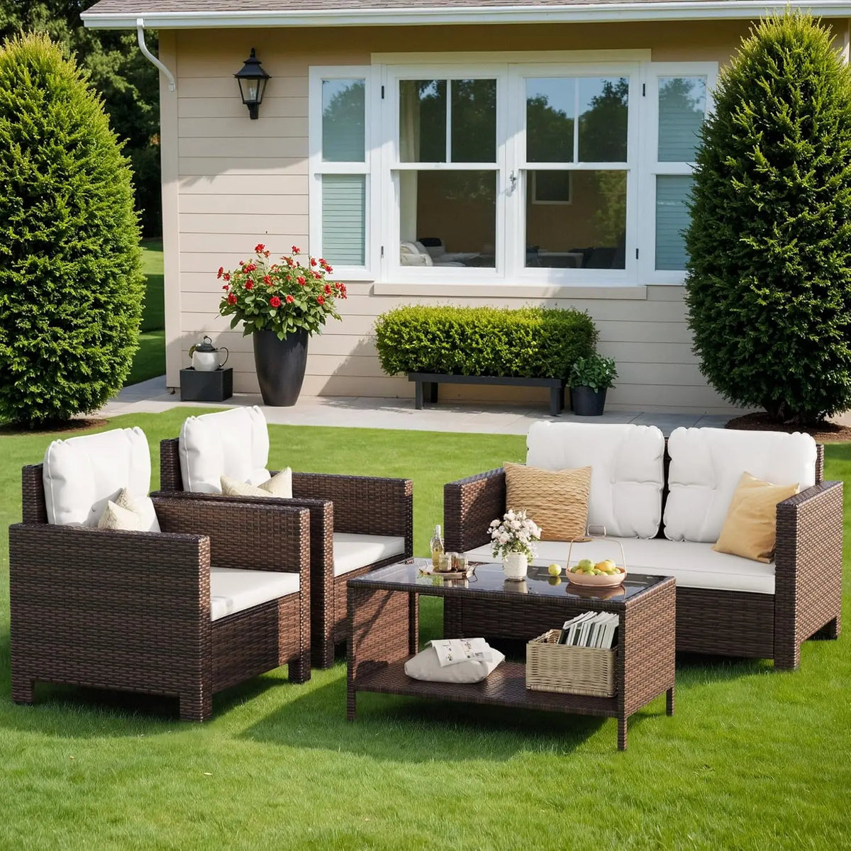 4-Piece Rattan Patio Furniture Set with Cushions and Glass Table for Outdoor Indoor Use
