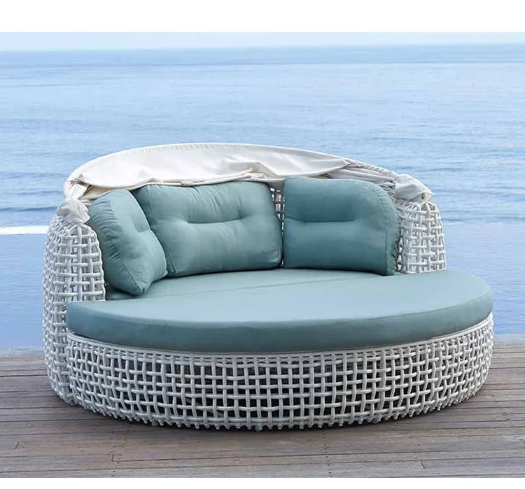 Outdoor leisure rattan sofa queen bed rough rattan recliner round bed combination with canopy round rattan awning lying outside