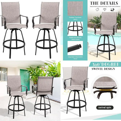 All-Weather Metal Textile High Swivel Bar Stools, 2-Piece Patio Swivel Chairs, Outdoor Bistro Set for Backyard