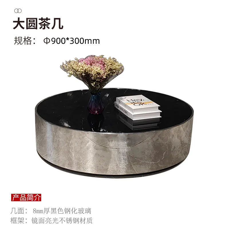 Italian mirror coffee table stainless steel small apartment tempered glass round combination design sense living room home