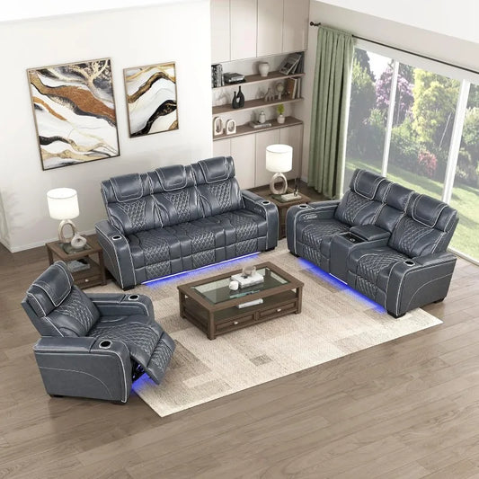 Massage Recliner Furniture Set, 3-Piece Blue Power Reclining Sofa & Loveseat