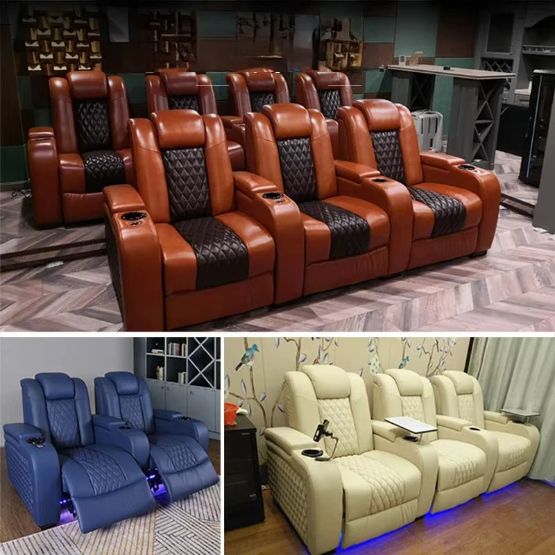 Multifunctional Electric Recliner Home Theater Living Room Sofa Genuine Leather Couch Nordic Cinema Modern Relax Massage Chair