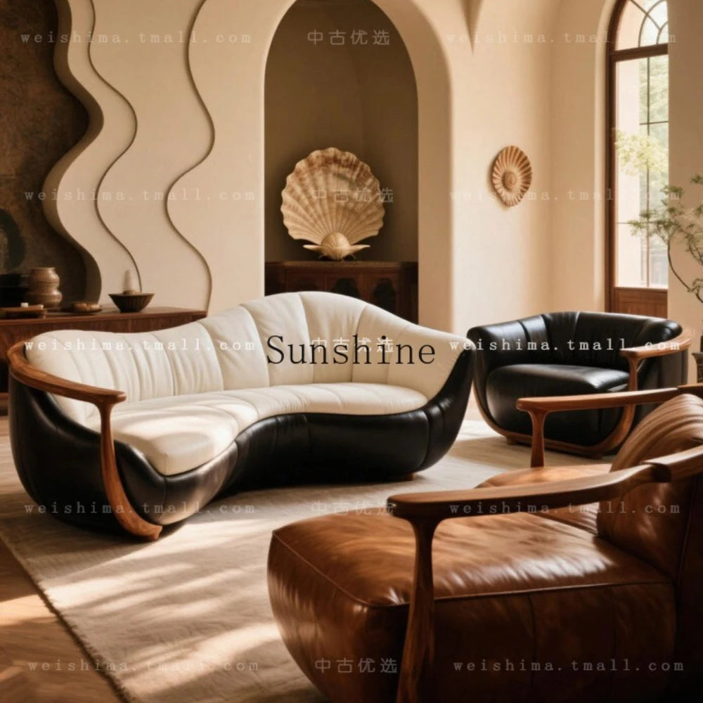 Medieval black and white leather solid wood curved sofa can be customized