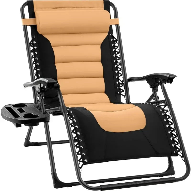 v Oversized Padded Zero Gravity Chair, Folding Outdoor Patio Recliner, XL Anti Gravity Lounger for Backyard w/Headrest, Cup Hold