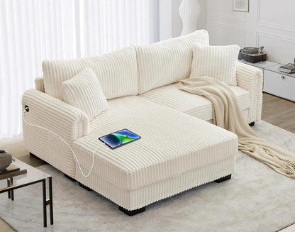 L-Shaped Sectional Sofa, Oversized Loveseat Corduroy Couch with Reversible Chaise, USB Charging Port, Side Pocket, Deep Seat Cor