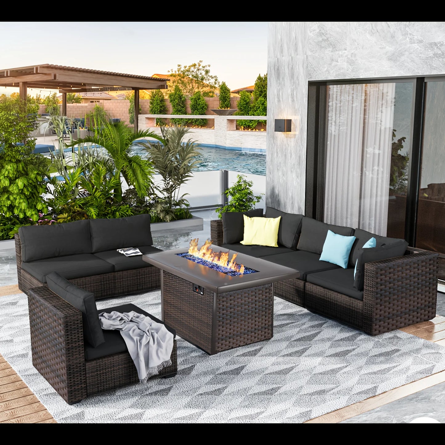 7 Pieces Outdoor Sectional Patio Furniture Set With Fire Pit Table Rattan Wicker Patio Sectional Conversation Set With Cushions