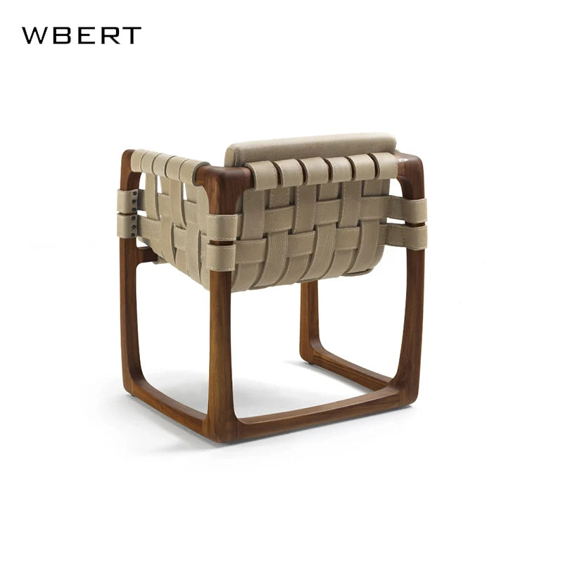 Wbert Modern Italian Leather Woven Leisure Dining Chair Solid Wood Courtyard Armchair For Hotel Villa Living Room