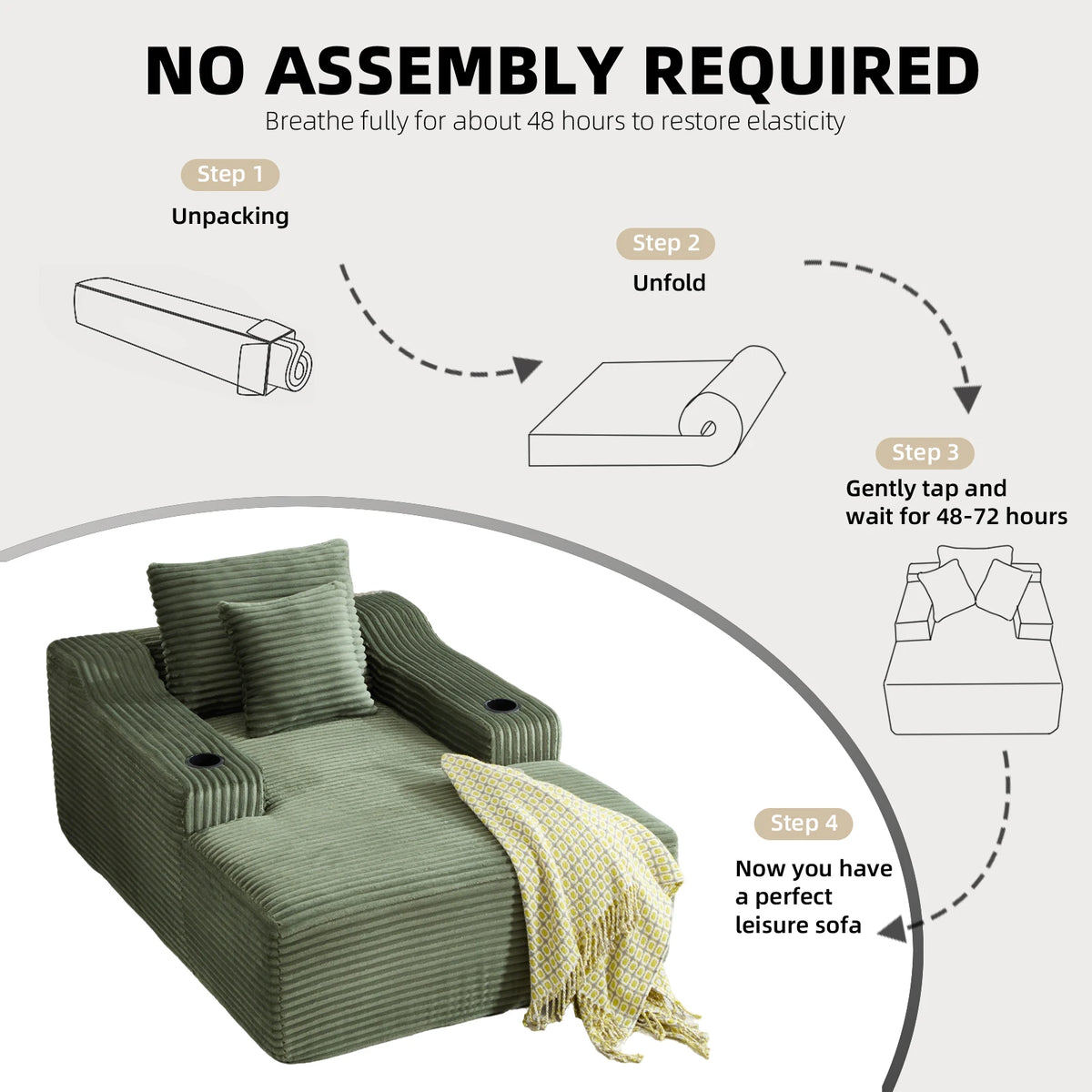 67 Inch Chaise Lounge Chair Indoor, Oversized Corduroy Upholstered Boneless Sofa Bed, Cloud Sofas Couches for Living Room