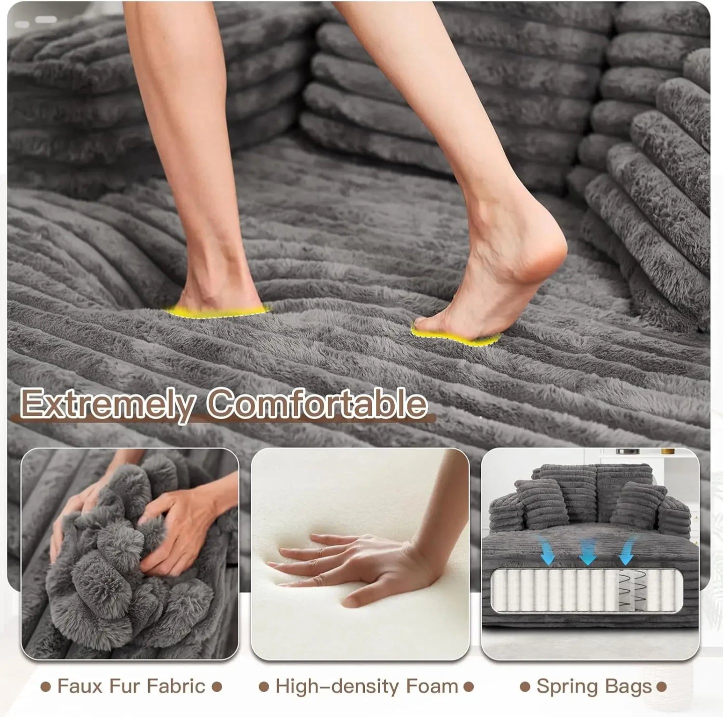 [Limited Stock!]56"W Oversized Chaise Lounge Chair Indoor,Plush Faux Fur Sleeper Sofa Couch Bed with Pillows&Wide Armrest,Fluffy