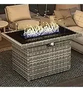 PatioLix 8 Piece Patio Furniture with 44"Propane Gas Fire Pit Table. Outdoor Sectional Conversation Set Wicker Rattan Sofa