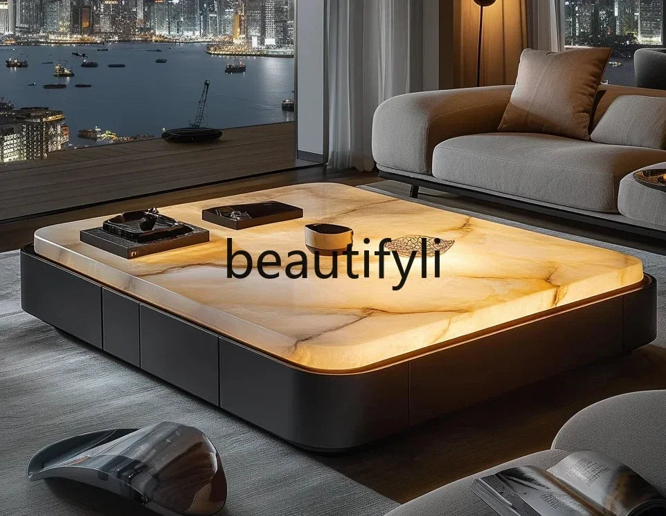Square luxury stone leather luminous jade coffee table large flat-floor villa living room modern marble