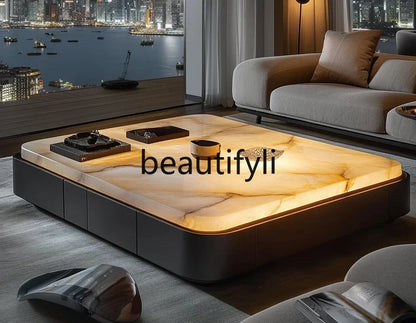Square luxury stone leather luminous jade coffee table large flat-floor villa living room modern marble