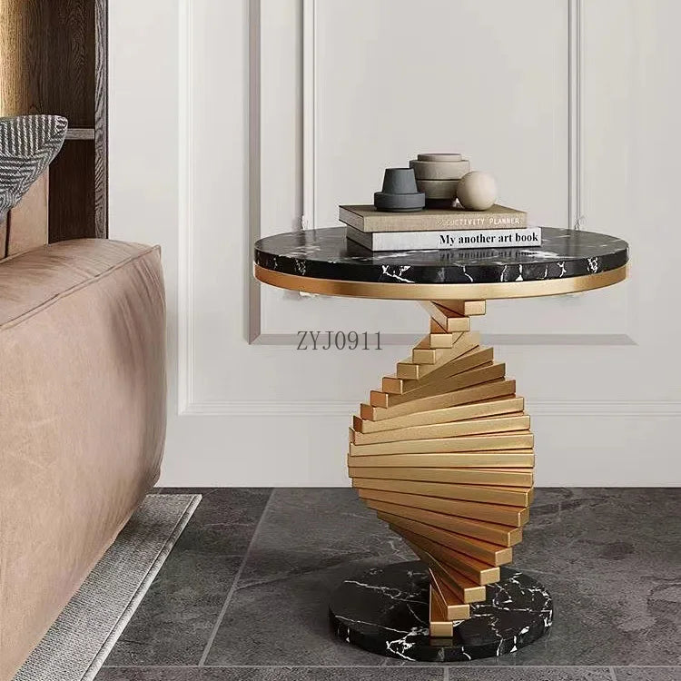 Living room modern luxury coffee corner table latest round top gold metal base side table