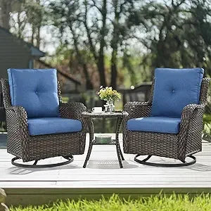 Chair Outdoor, Patio Bistro Furniture Conversation Set, Cushioned Wicker Chair with Glass Coffee