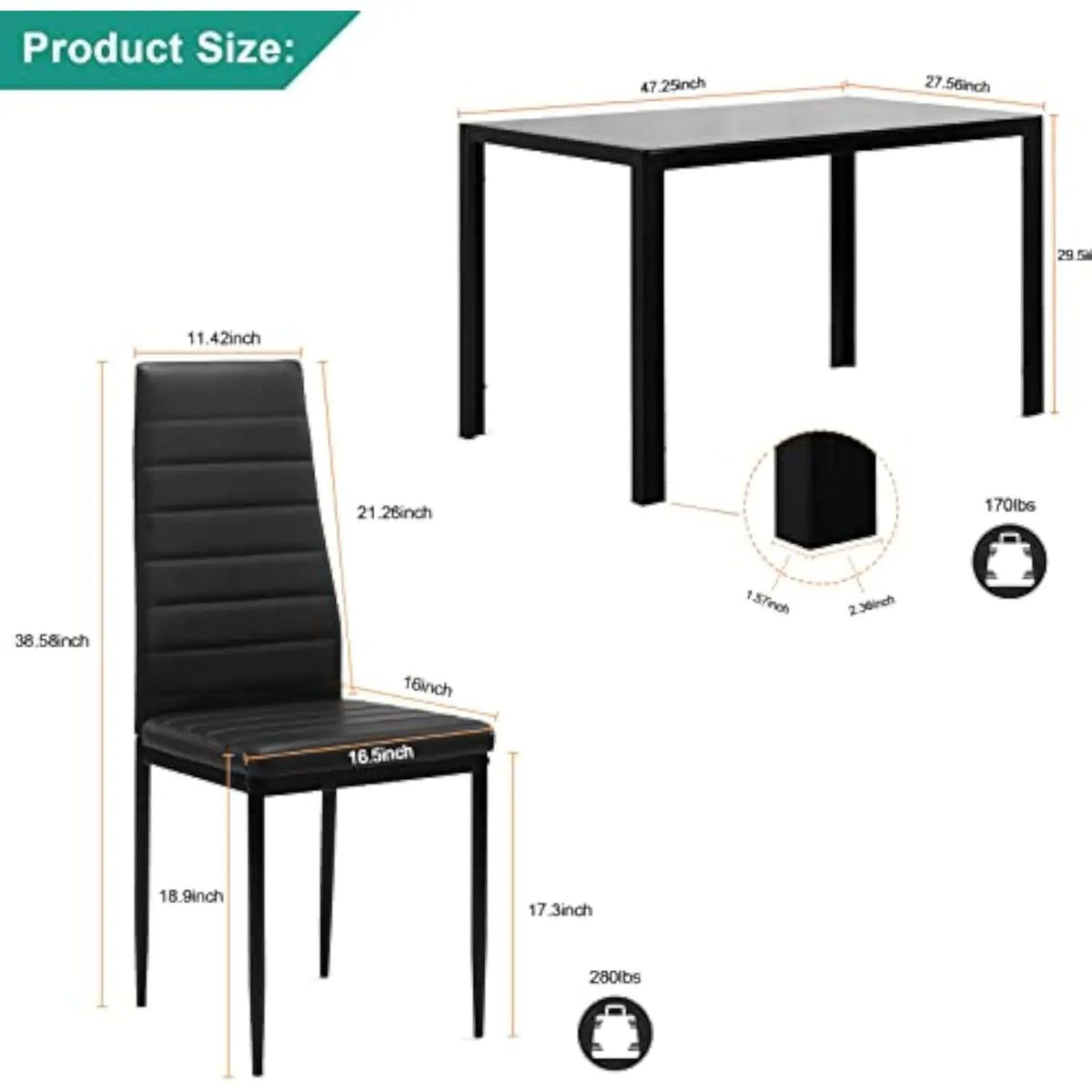 Dining Room Table Set for 4 Dining Table Set with Tempered Glass Table Top and 4 Faux Leather Chairs for Small Spaces Kitchen