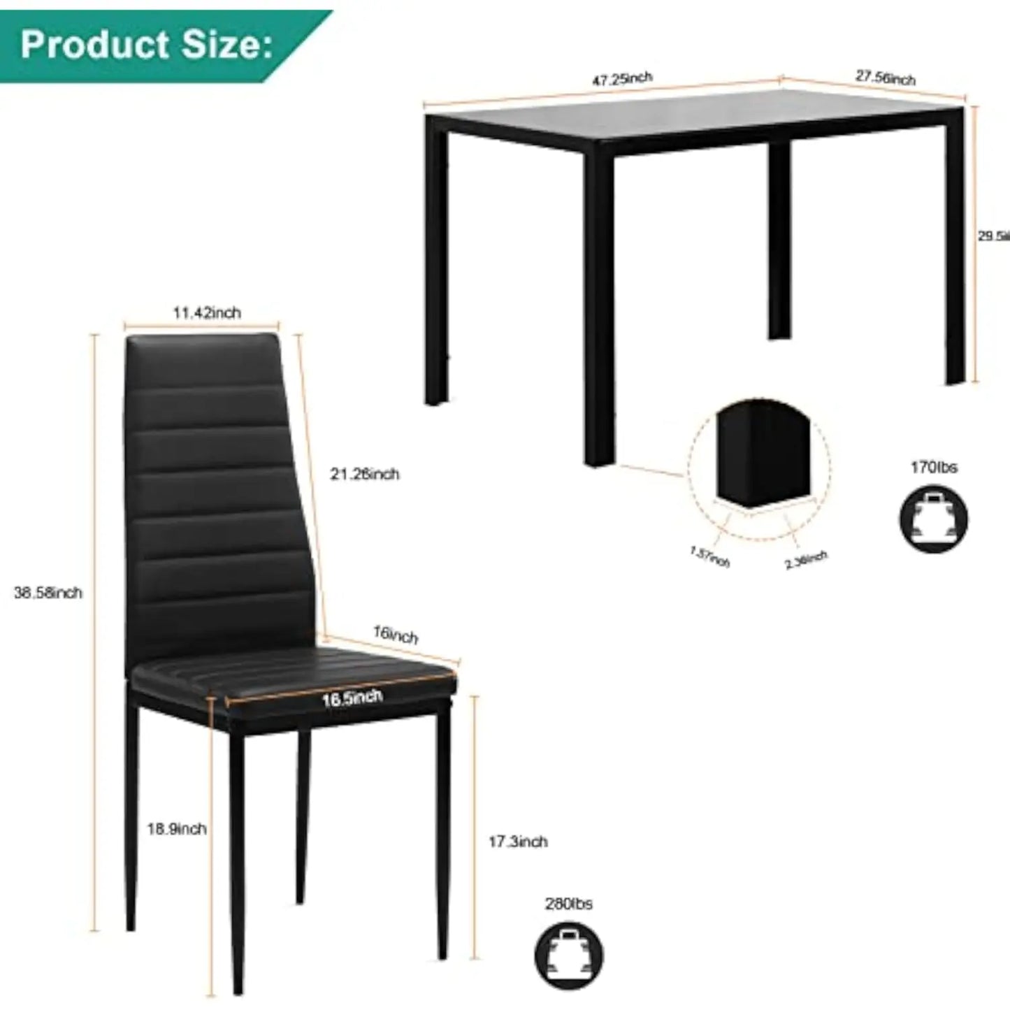 Dining Room Table Set for 4 Dining Table Set with Tempered Glass Table Top and 4 Faux Leather Chairs for Small Spaces Kitchen