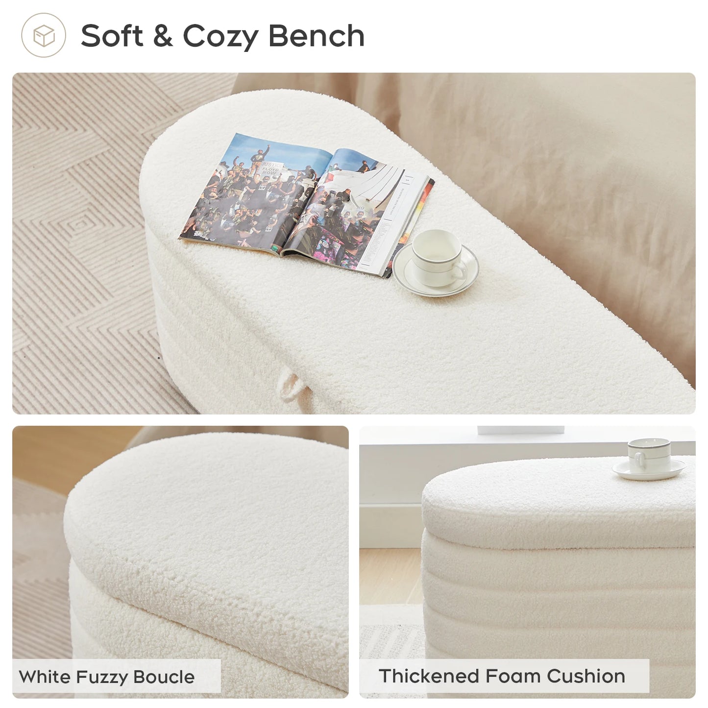 TODRANI 45" Storage Ottoman Bench, 300 Lb Capacity Teddy Upholstered, Safety Hinge, Flip-Top Oval Foot Rest With Foot Pads