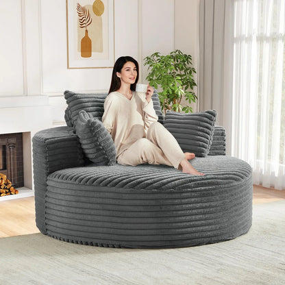 Round Chaise Longue Chair Indoor, Modern 55-inch Upholstered Corduroy Deep Seat Circle Single Cloud Lounge, Customized