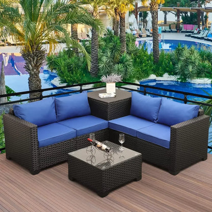 Outdoor PE Wicker Furniture Set 4 Piece Black Rattan Loveseat Couch Set With Storage Box Glass Top Table And Non-Slip Cushion