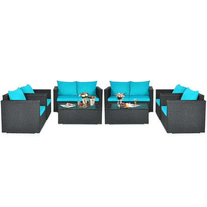 Turquoise Rattan Sofa Set with Cushions and Coffee Table - 8 Piece Patio Furniture