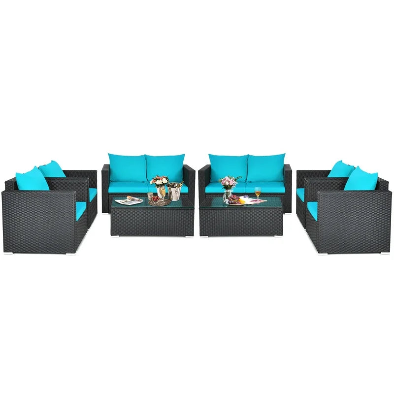 Turquoise Rattan Sofa Set with Cushions and Coffee Table - 8 Piece Patio Furniture