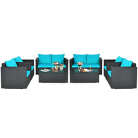 Turquoise Rattan Sofa Set with Cushions and Coffee Table - 8 Piece Patio Furniture