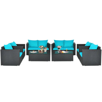 Turquoise Rattan Sofa Set with Cushions and Coffee Table - 8 Piece Patio Furniture