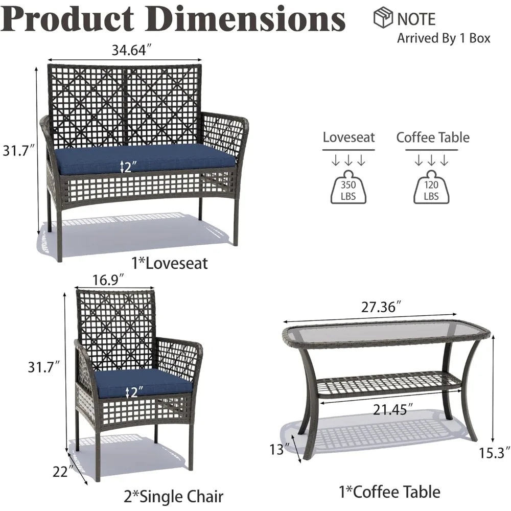 Patio Furniture Set 4 Pieces Outdoor Wicker Rattan Chairs with Coffee Table and Cushions, Modern Patio Conversation Sets for Poo